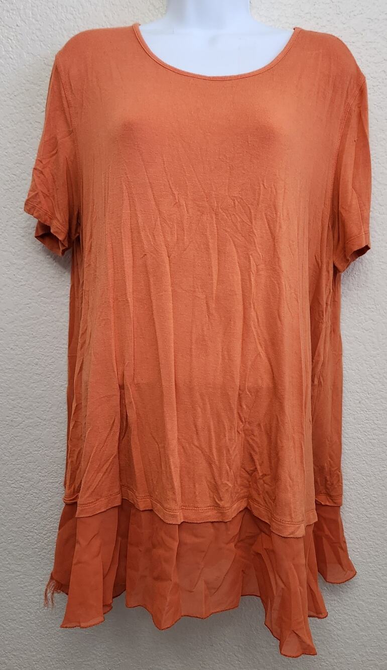 Multiples Orange Short Sleeve Sheer Hem Top XL Lightweight Soft Stretchy Flowy